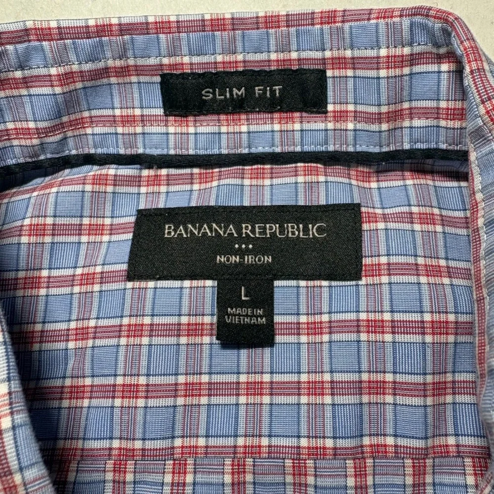 Banana Republic Mens Slim Fit Non-Iron Plaid‎ Dress Shirt Blue Red Large L